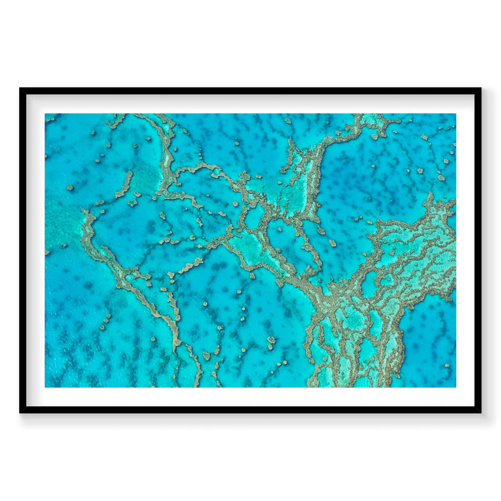 Aerial view of Great Barrier Reef coral formations and turquoise water from above, photography print by Remy Gerega