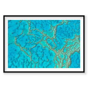 Aerial view of Great Barrier Reef coral formations and turquoise water from above, photography print by Remy Gerega