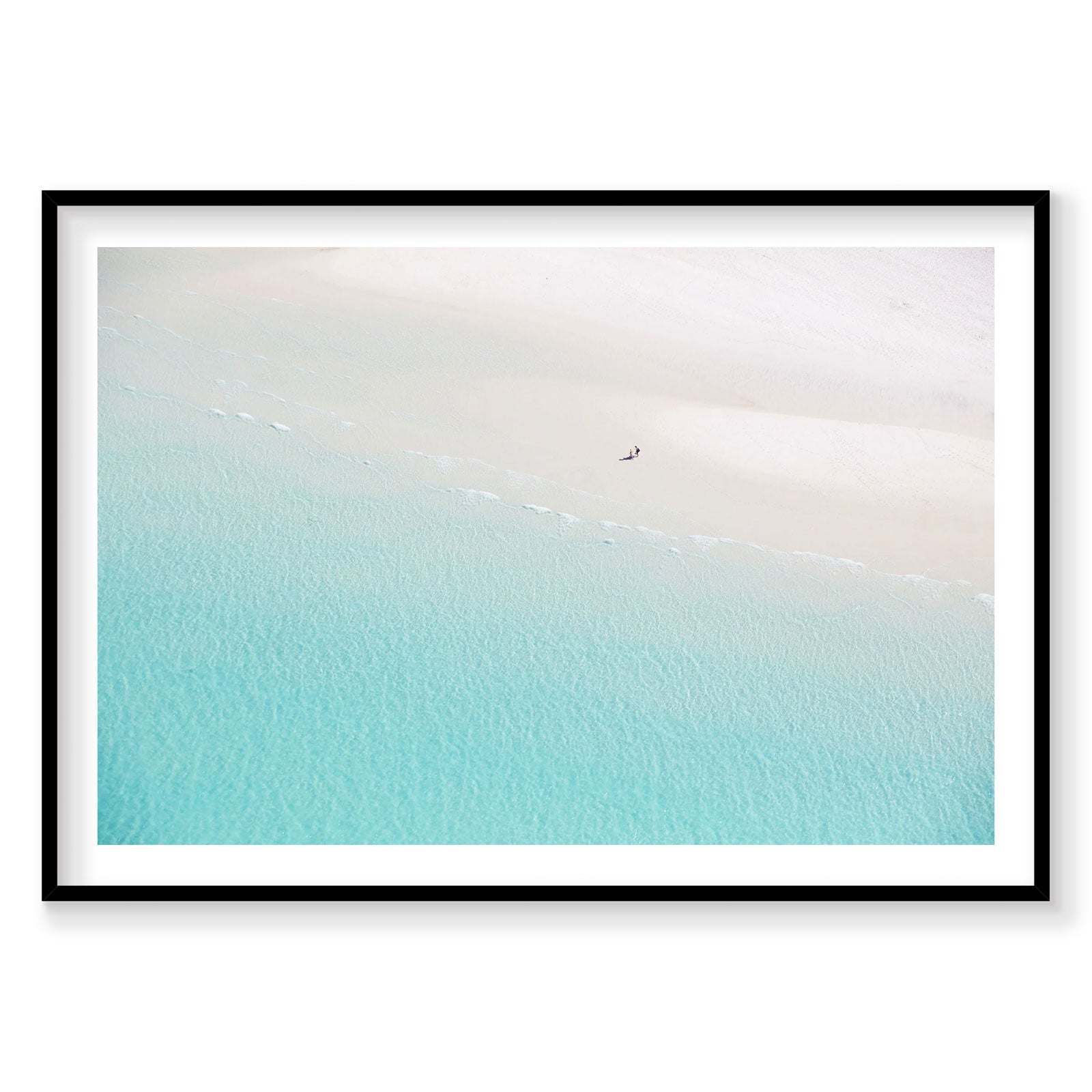 Aerial view of Whitehaven Beach with turquoise water and lone figure on white sand, photography print by Remy Gerega