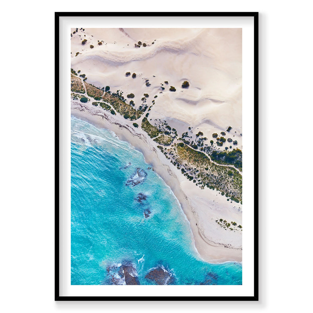 Aerial view of turquoise waters and white sandy beach at Kalbarri, Western Australia, photography print by Remy Gerega
