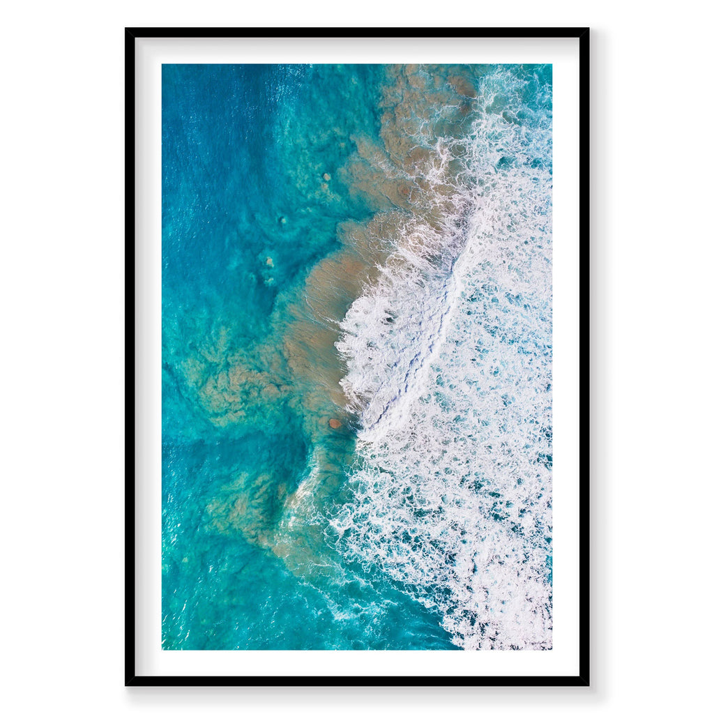 Aerial view of turquoise ocean waves crashing white foam onto sandy beach at Kalbarri, photography print by Remy Gerega