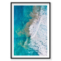 Aerial view of turquoise ocean waves crashing white foam onto sandy beach at Kalbarri, photography print by Remy Gerega