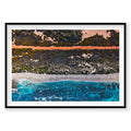 Aerial view of Kalbarri coastline with turquoise ocean, sandy beach, and forested cliffs, photography print by Remy Gerega