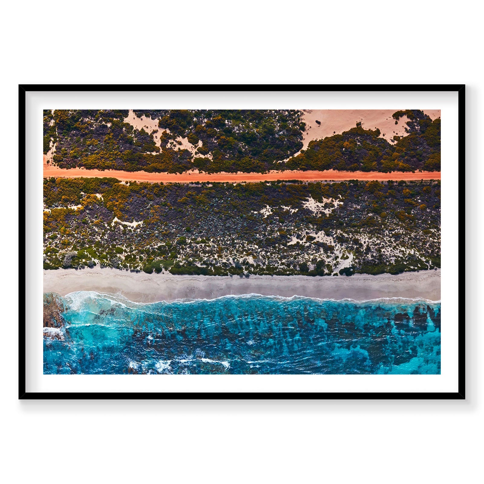 Aerial view of Kalbarri coastline with turquoise ocean, sandy beach, and forested cliffs, photography print by Remy Gerega