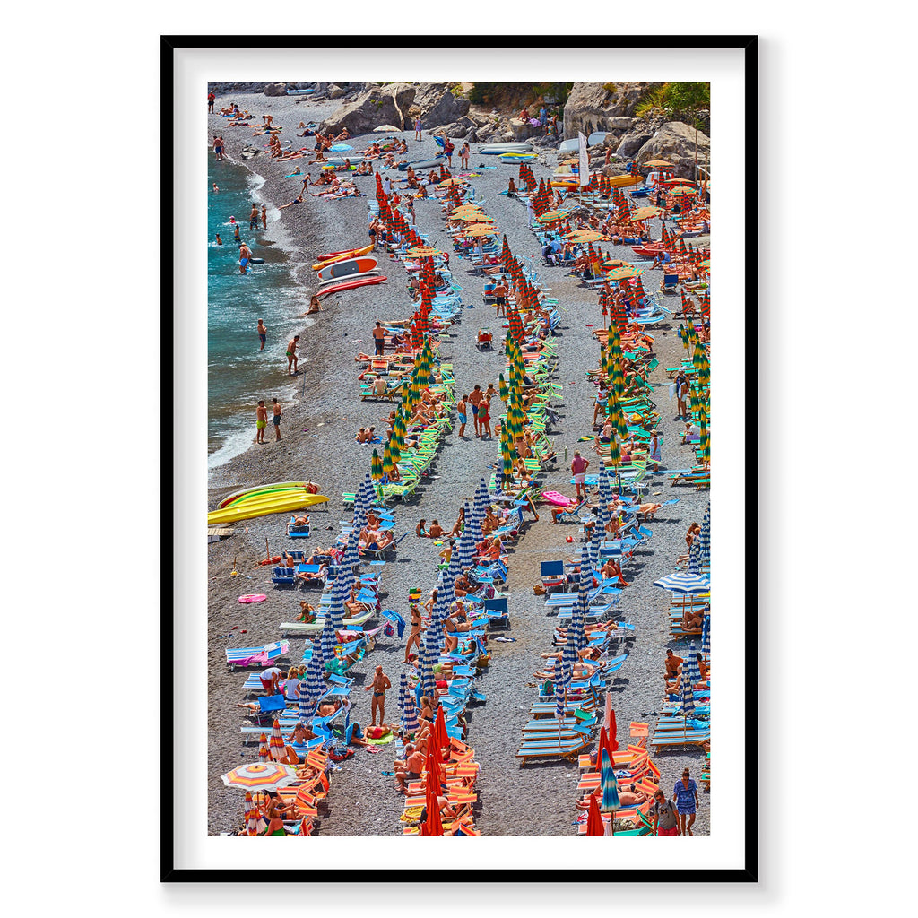 Aerial view of Fornillo Beach colorful striped umbrellas and sunbathers, Amalfi Coast, photography print by Remy Gerega