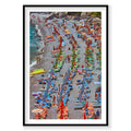 Aerial view of Fornillo Beach colorful striped umbrellas and sunbathers, Amalfi Coast, photography print by Remy Gerega