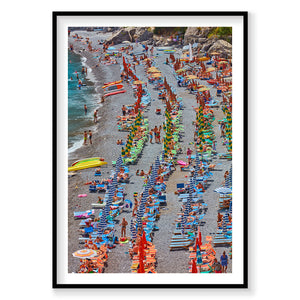 Aerial view of Fornillo Beach colorful striped umbrellas and sunbathers, Amalfi Coast, photography print by Remy Gerega