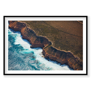 Aerial view of Edgercliff coastal cliffs and turquoise ocean waves, Kalbarri Western Australia, photography print by Remy ...