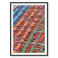 Aerial view of colorful beach umbrellas and loungers on Positano sand, Amalfi Coast, photography print by Remy Gerega