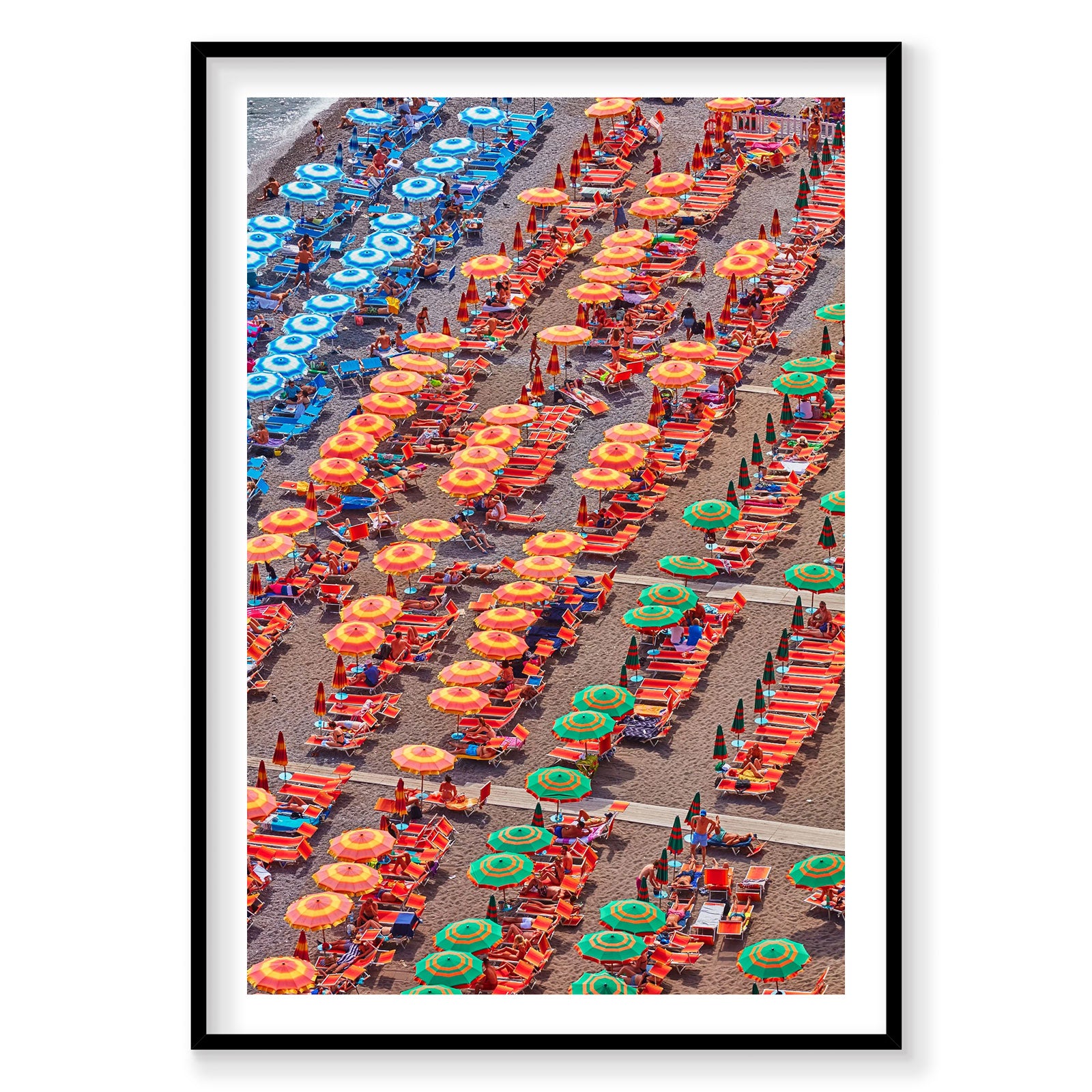 Aerial view of colorful beach umbrellas and loungers on Positano sand, Amalfi Coast, photography print by Remy Gerega