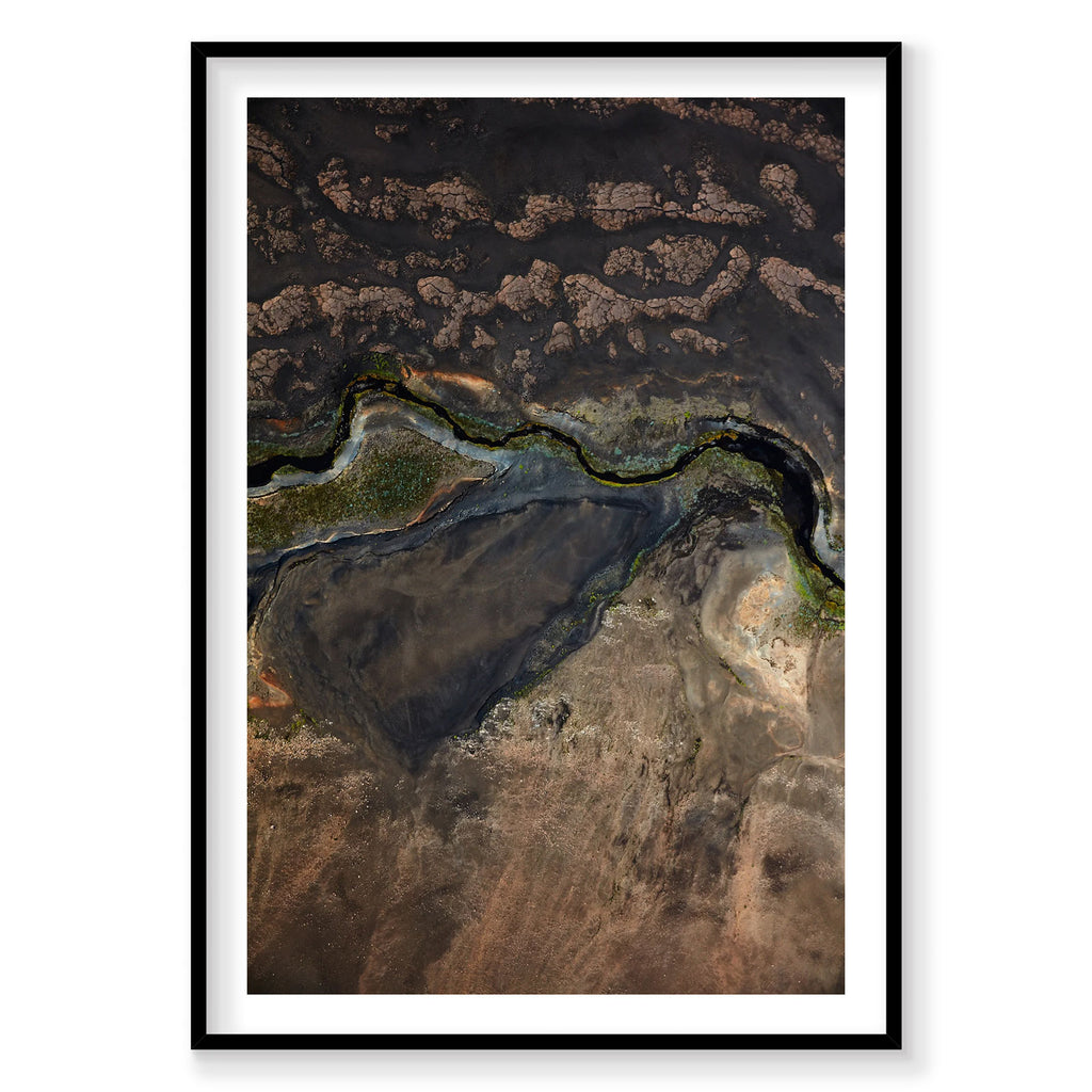 Aerial view of Icelandic geothermal hot spring with steaming water and moss-covered rocks, photography print by Remy Gerega