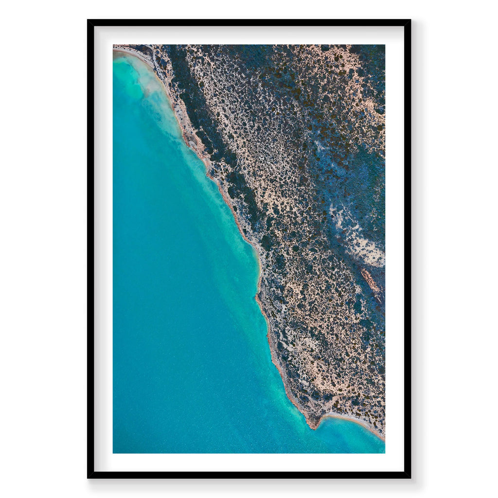 Aerial view of Carrarang coastline with turquoise water and rocky shoreline, photography print by Remy Gerega