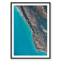 Aerial view of Carrarang coastline with turquoise water and rocky shoreline, photography print by Remy Gerega