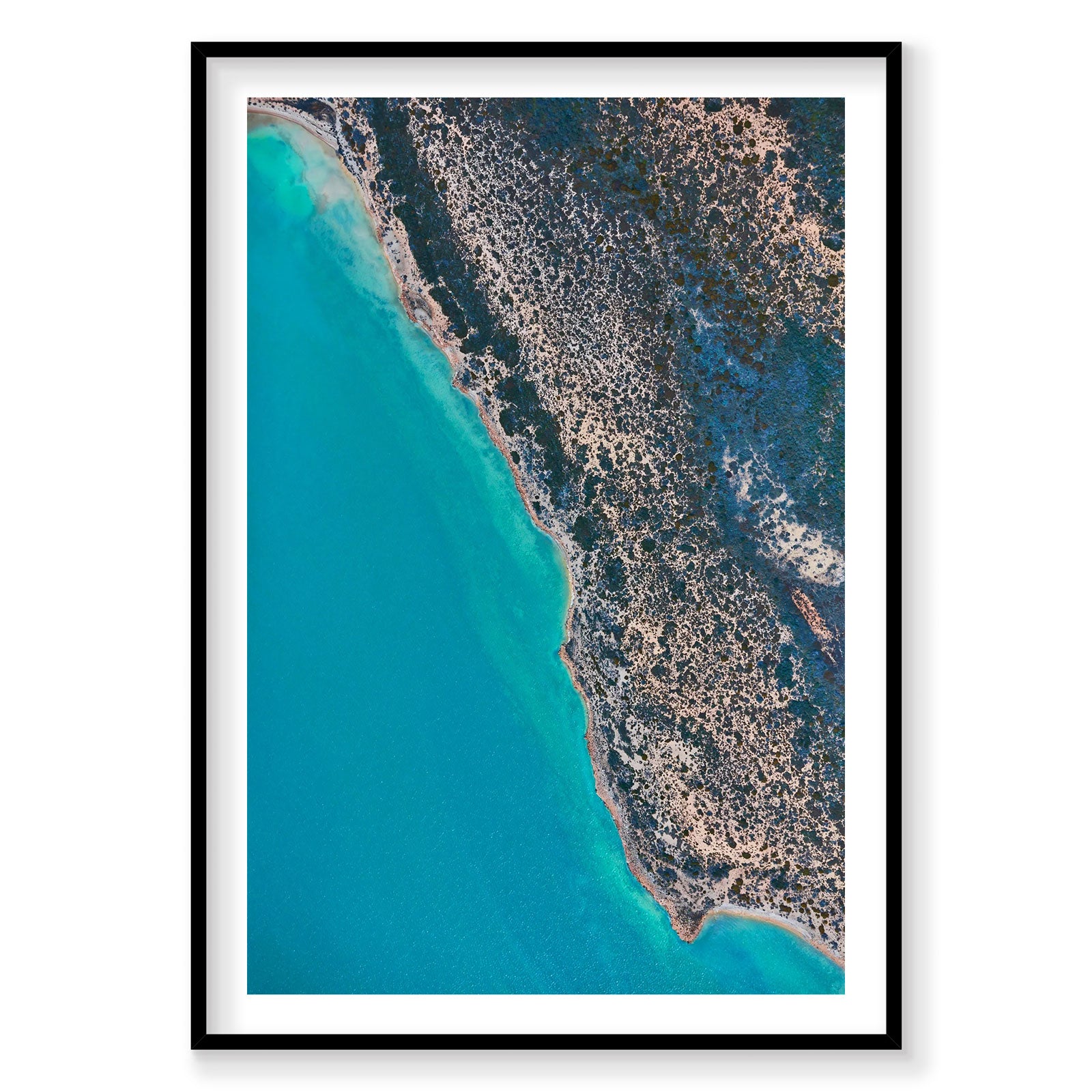 Aerial view of Carrarang coastline with turquoise water and rocky shoreline, photography print by Remy Gerega
