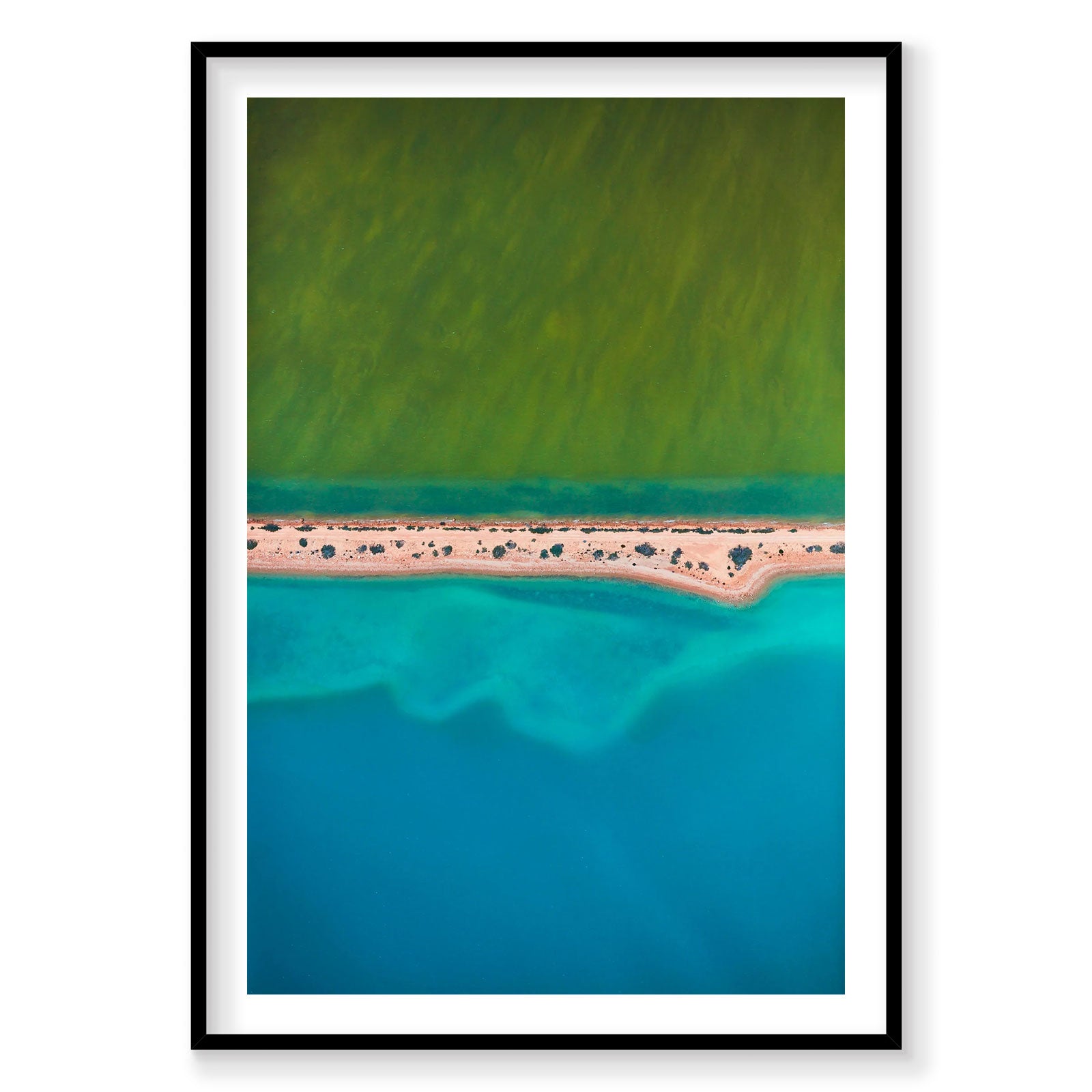 Aerial view of turquoise waters and sandy beach at Carrarang with green landscape, photography print by Remy Gerega