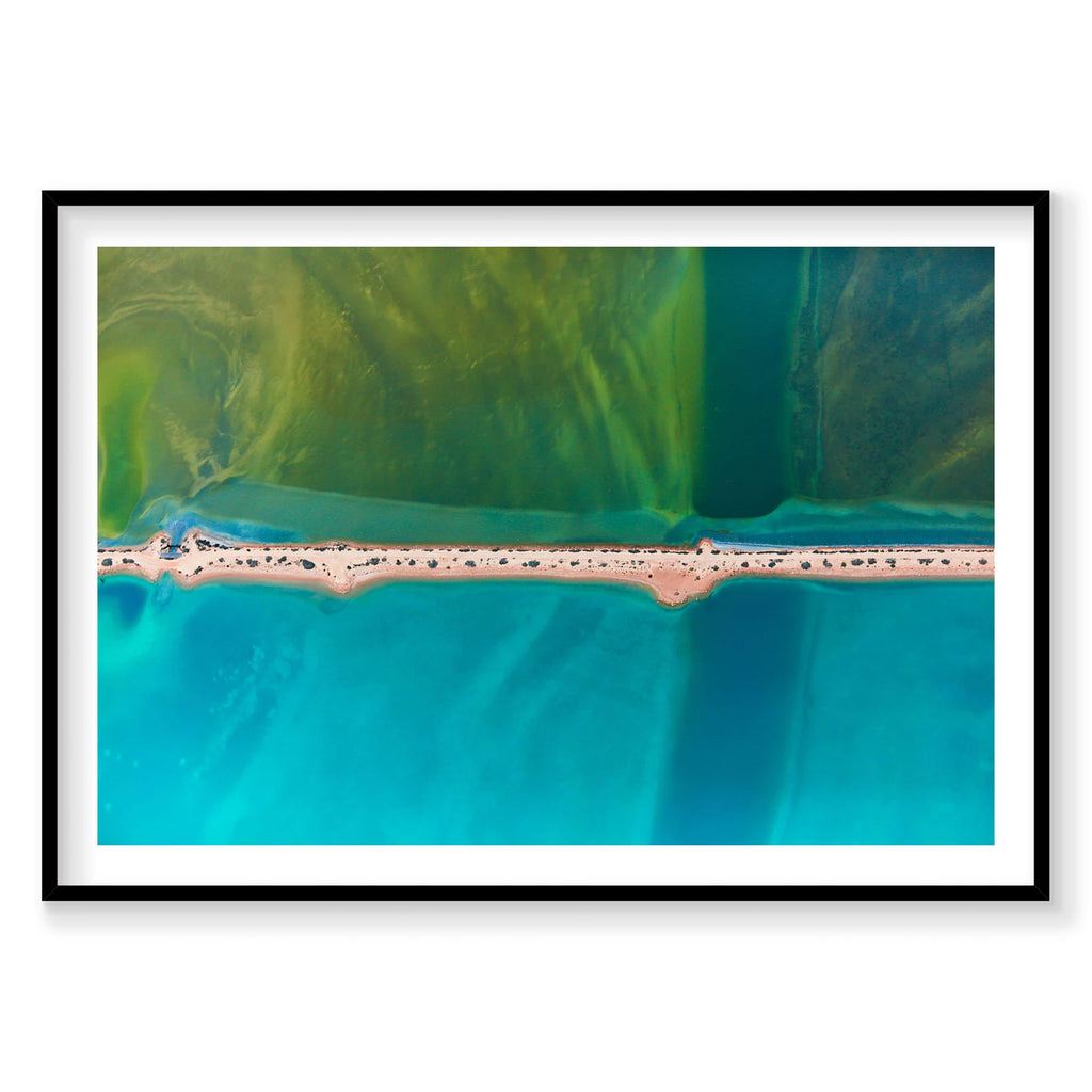 Aerial view of Carrarang beach with turquoise water and green lagoon, photography print by Remy Gerega