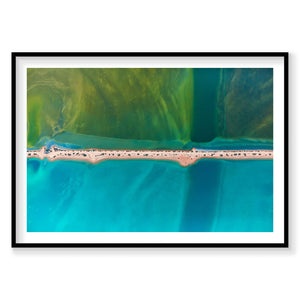 Aerial view of Carrarang beach with turquoise water and green lagoon, photography print by Remy Gerega