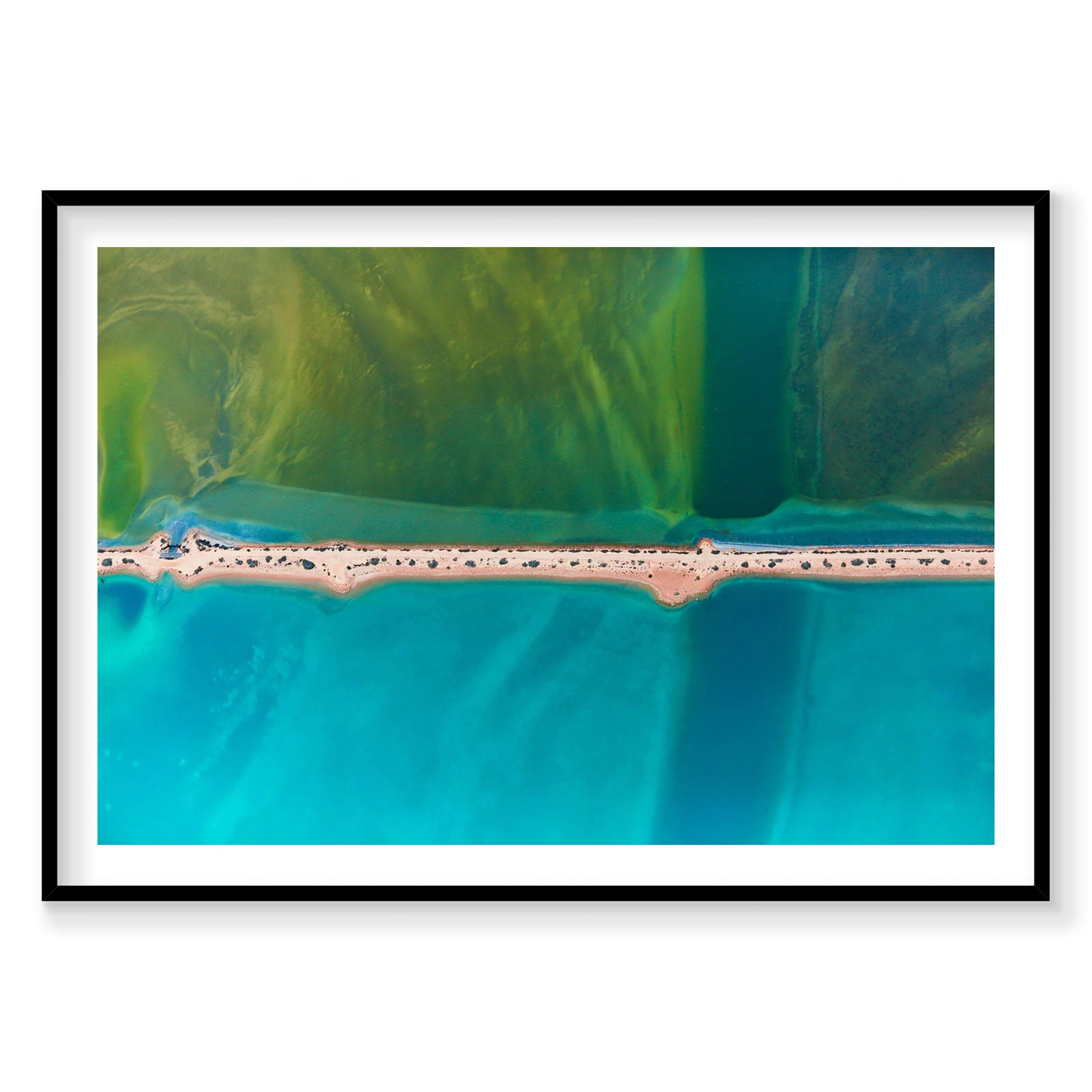 Aerial view of Carrarang beach with turquoise water and green lagoon, photography print by Remy Gerega