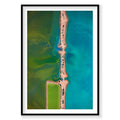 Aerial view of Carrarang's turquoise and green waters divided by sandy peninsula, photography print by Remy Gerega