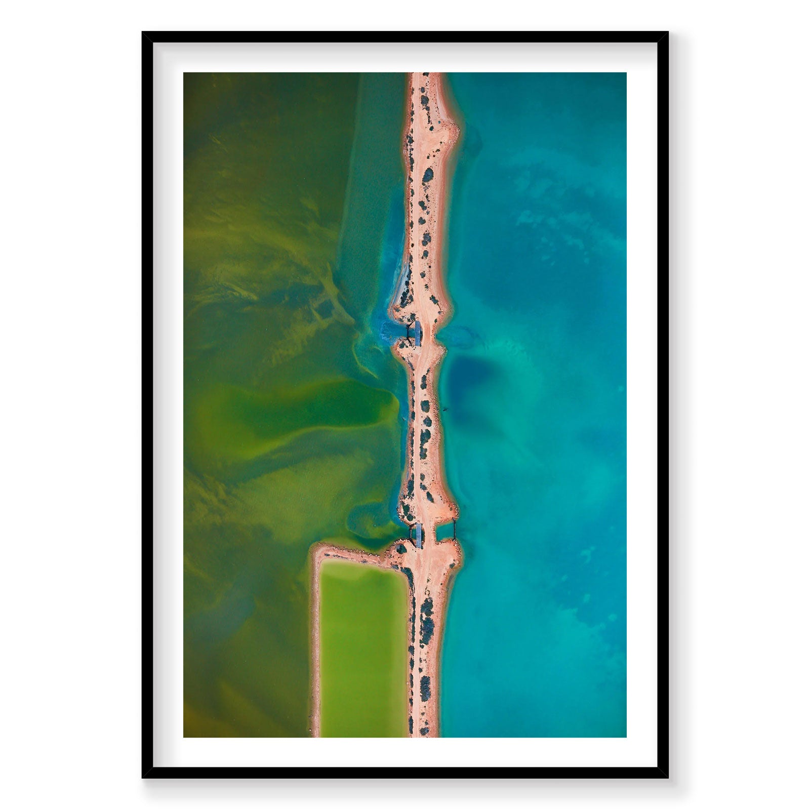 Aerial view of Carrarang's turquoise and green waters divided by sandy peninsula, photography print by Remy Gerega
