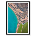 Aerial view of turquoise coastal waters, pink sand beach and green salt lakes at Carrarang, photography print by Remy Gerega