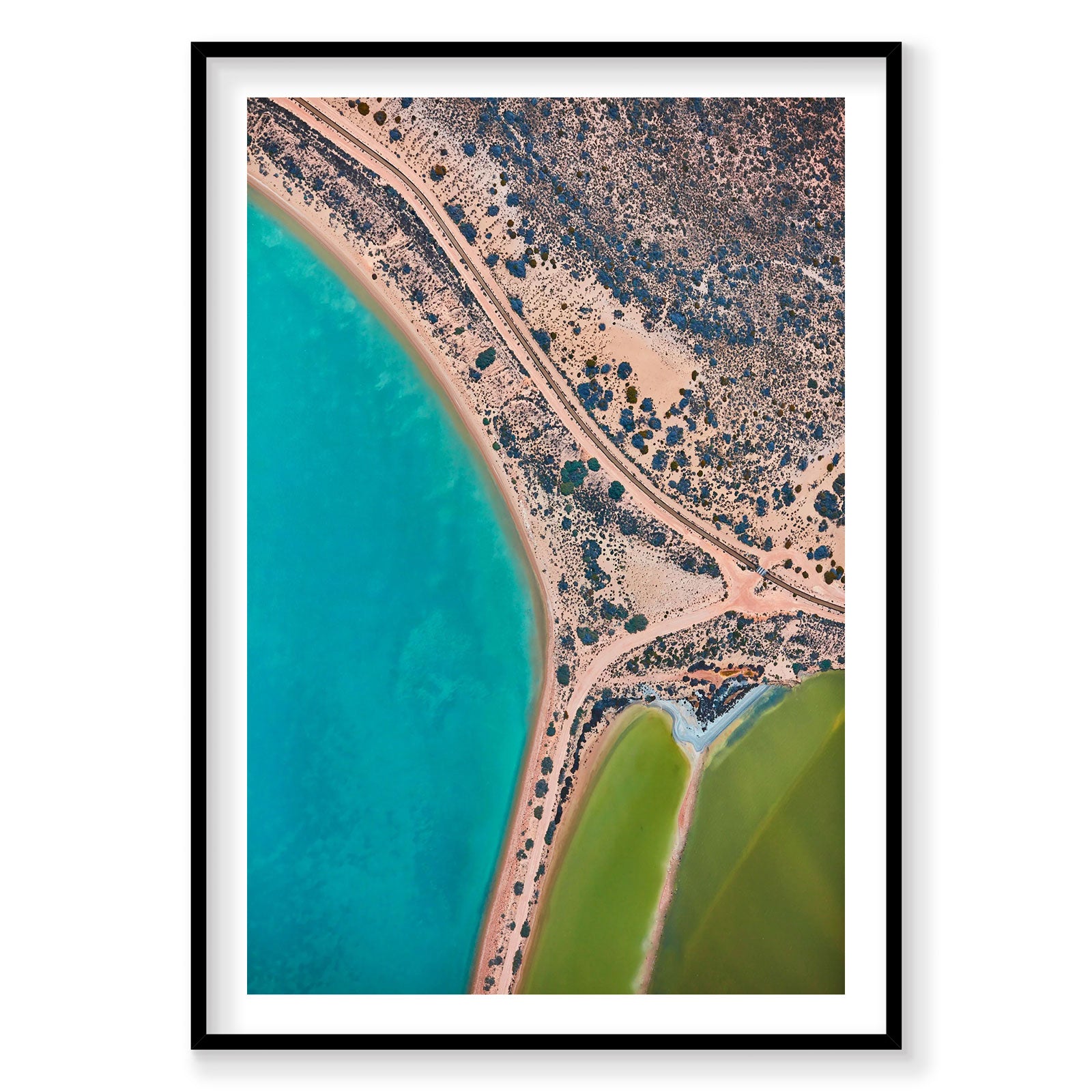 Aerial view of turquoise coastal waters, pink sand beach and green salt lakes at Carrarang, photography print by Remy Gerega