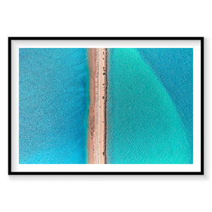 Aerial view of Flare beach at Carrarang with turquoise waters and sandy shoreline from above, photography print by Remy Ge...