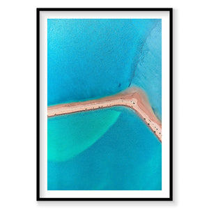 Aerial view of Carrarang's turquoise waters and pink sandy spit from above, photography print by Remy Gerega