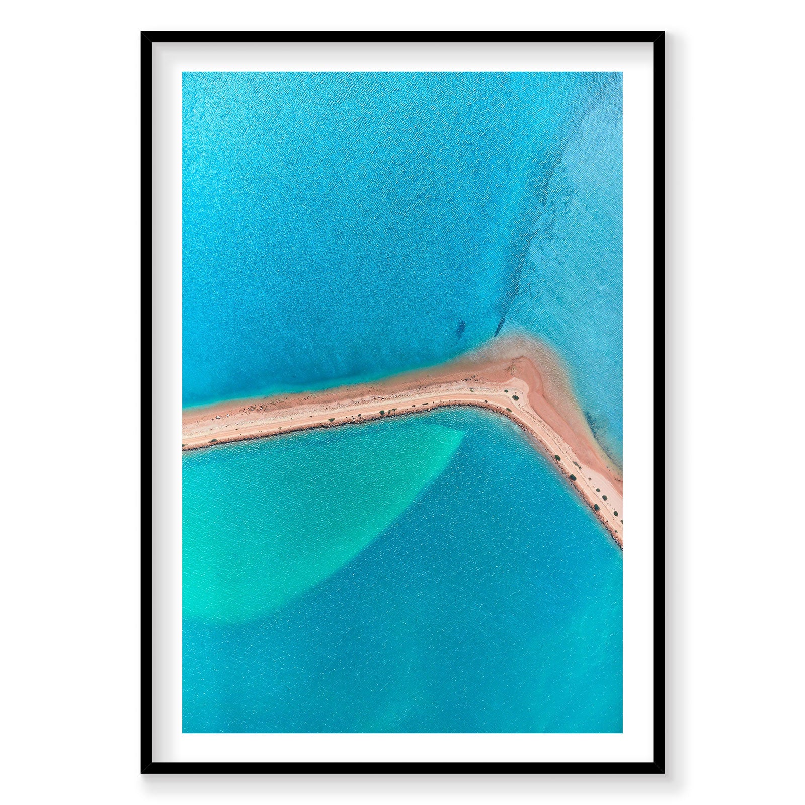 Aerial view of Carrarang's turquoise waters and pink sandy spit from above, photography print by Remy Gerega