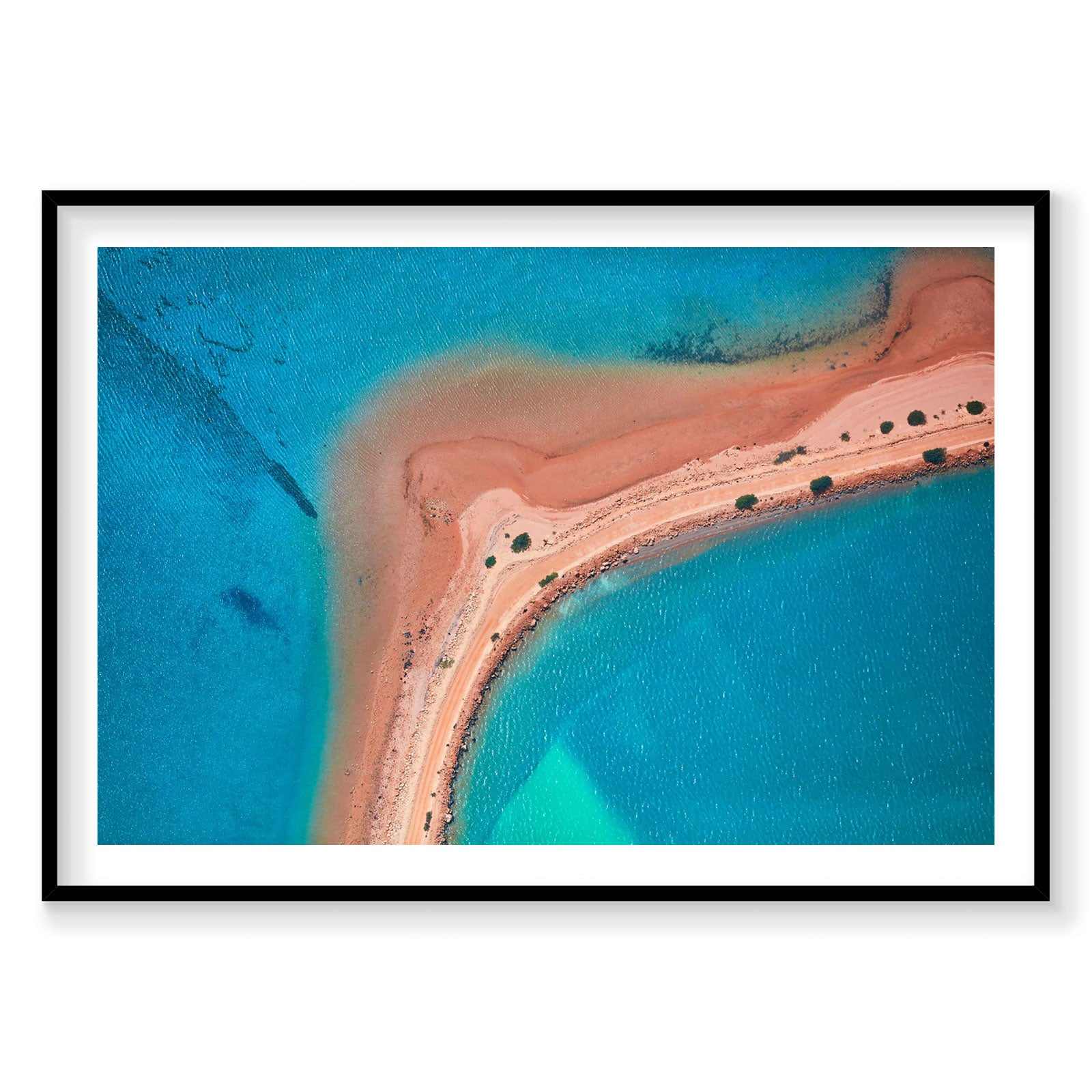 Aerial view of Boomerang Beach with pink sand and turquoise waters, photography print by Remy Gerega