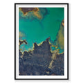 Aerial view of Mývatn Lake Iceland with turquoise water and dark volcanic rock formations, photography print by Remy Gerega