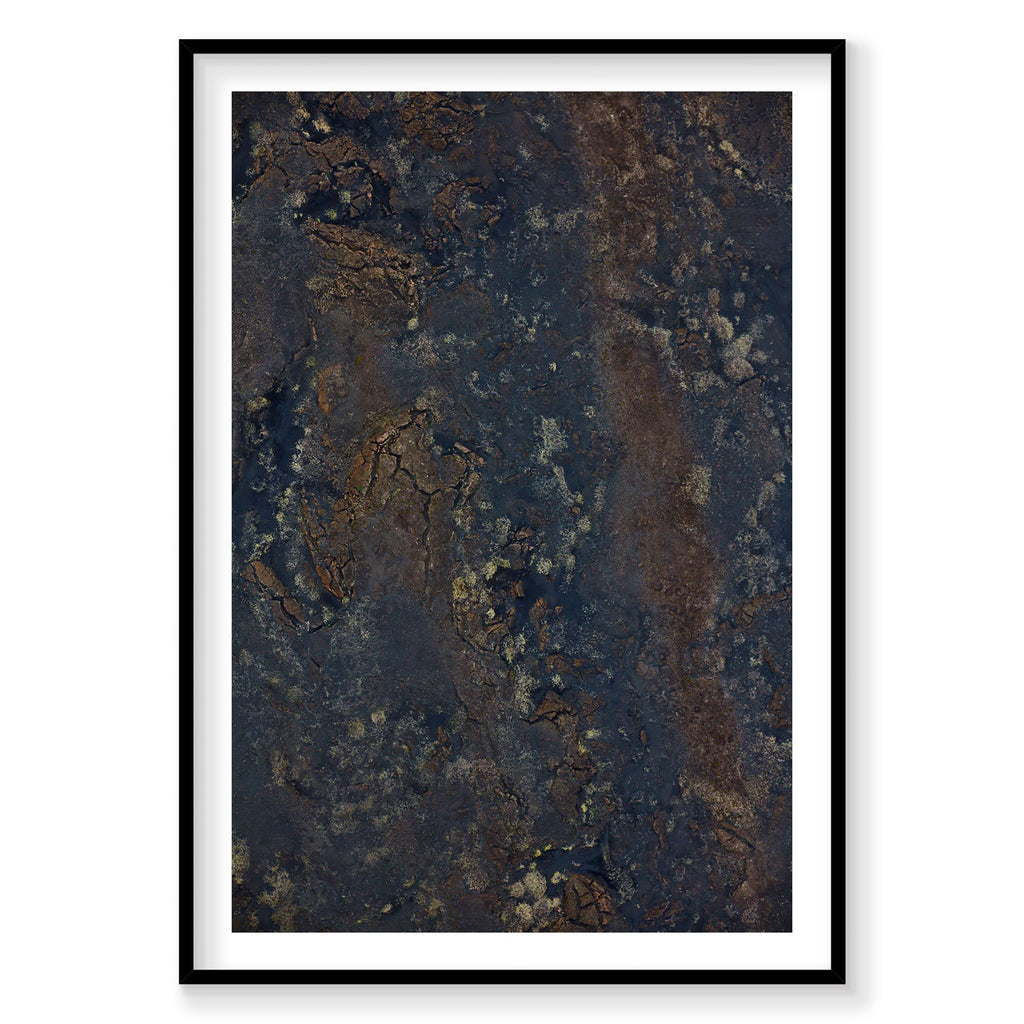 Aerial view of Icelandic earth textures with rust and gold mineral patterns, photography print by Remy Gerega