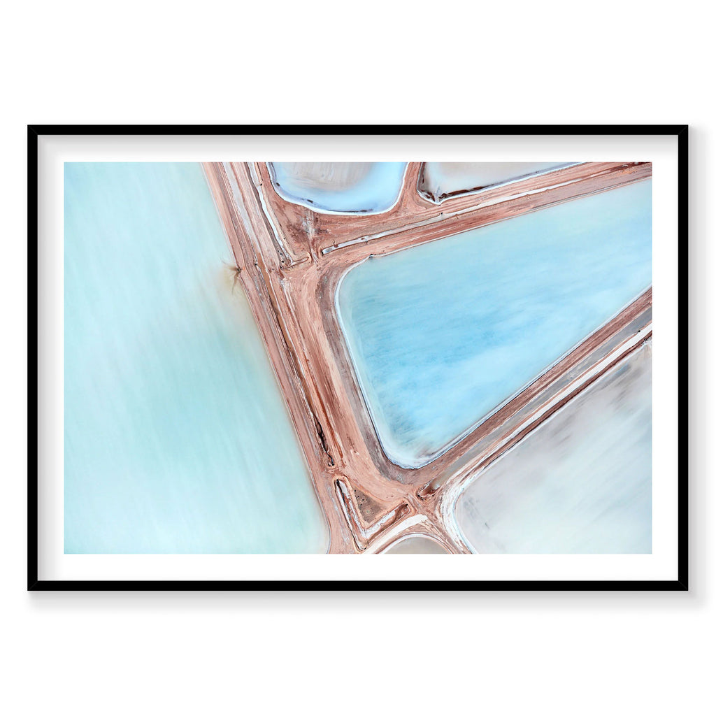 Aerial view of turquoise salt ponds with red mineral deposits and winding roads, photography print by Remy Gerega