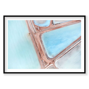 Aerial view of turquoise salt ponds with red mineral deposits and winding roads, photography print by Remy Gerega
