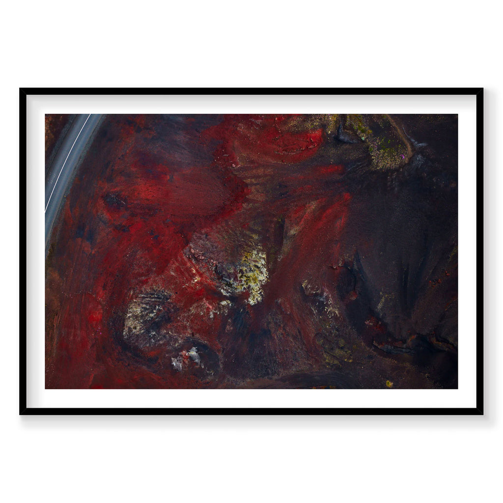 Aerial view of oxidized red geothermal pools in Iceland with mineral deposits, photography print by Remy Gerega