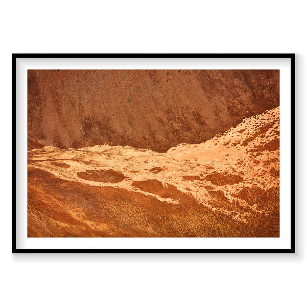 Aerial view of Icelandic geothermal streams with rust-red mineral deposits and sandy terrain, photography print by Remy Ge...