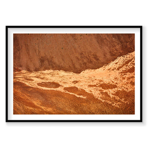 Aerial view of Icelandic geothermal streams with rust-red mineral deposits and sandy terrain, photography print by Remy Ge...
