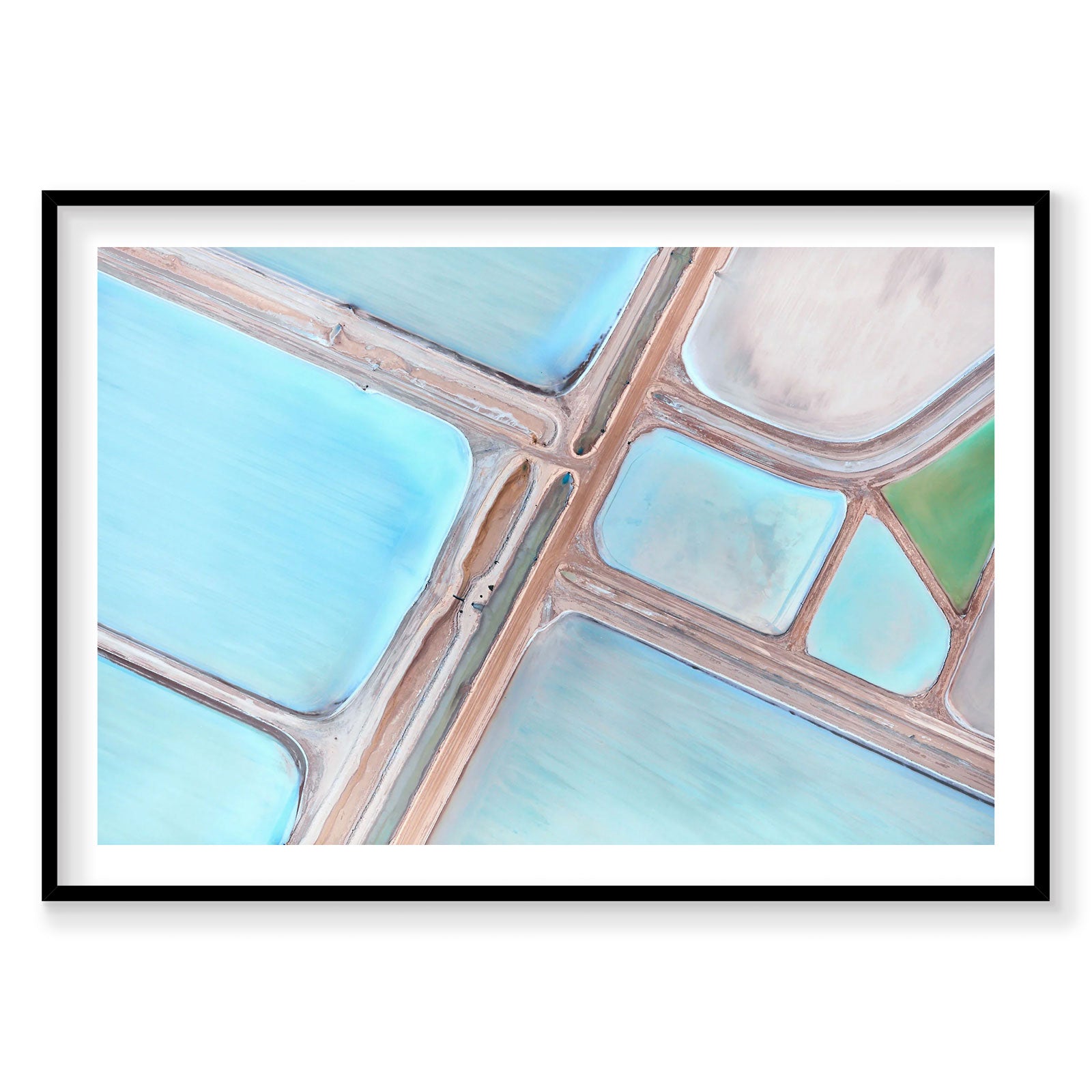 Aerial view of turquoise salt ponds and roads with geometric patterns from above, photography print by Remy Gerega