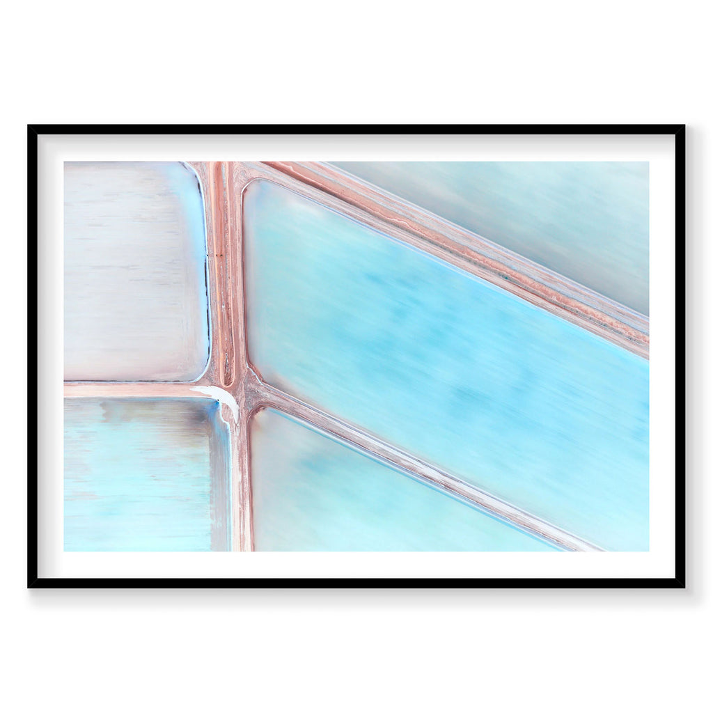Aerial view of turquoise evaporation ponds with pink salt roads, photography print by Remy Gerega