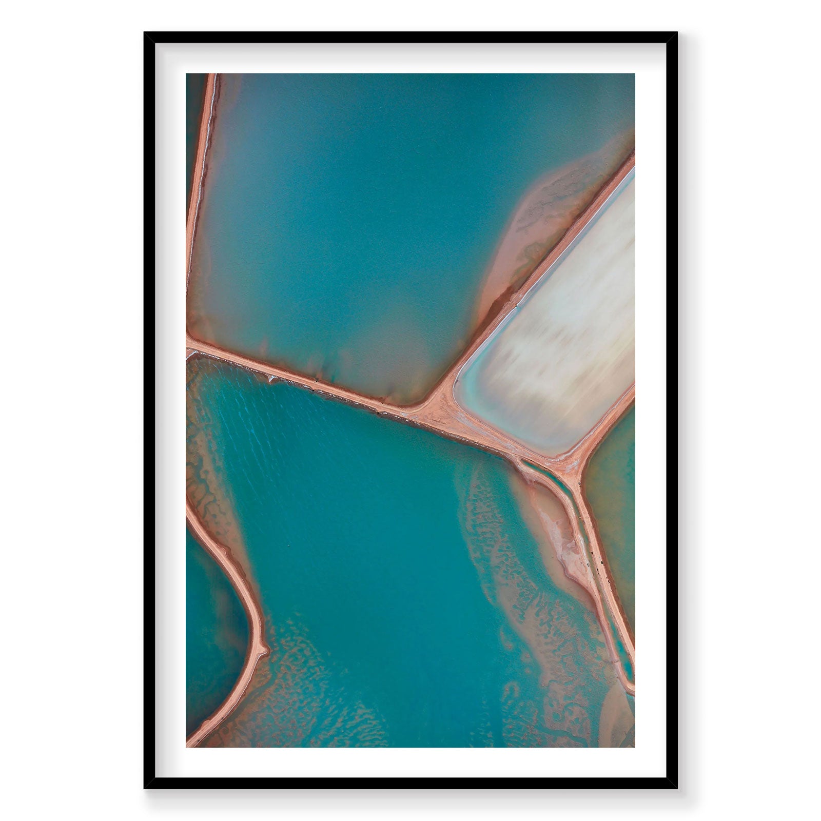 Aerial view of turquoise salt lakes with pink earthen dykes and white salt ponds, photography print by Remy Gerega