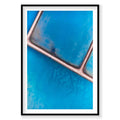 Aerial view of pink salt pond causeway on turquoise water from above, photography print by Remy Gerega