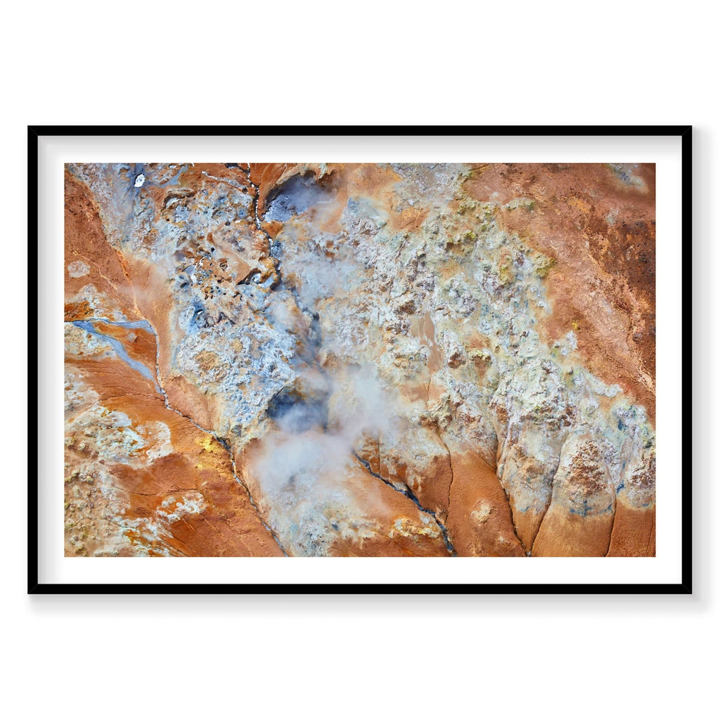 Aerial view of steaming sulphur geothermal hot springs Iceland, vibrant orange and blue mineral deposits, photography prin...
