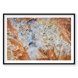 Aerial view of steaming sulphur geothermal hot springs Iceland, vibrant orange and blue mineral deposits, photography prin...