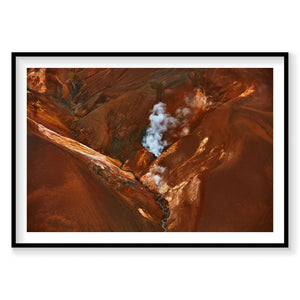 Aerial view of geothermal steam vents in rust-colored Icelandic landscape from above, photography print by Remy Gerega