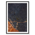 Aerial view of orange geothermal path through dark Icelandic landscape from above, photography print by Remy Gerega