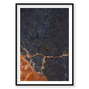 Aerial view of orange geothermal path through dark Icelandic landscape from above, photography print by Remy Gerega