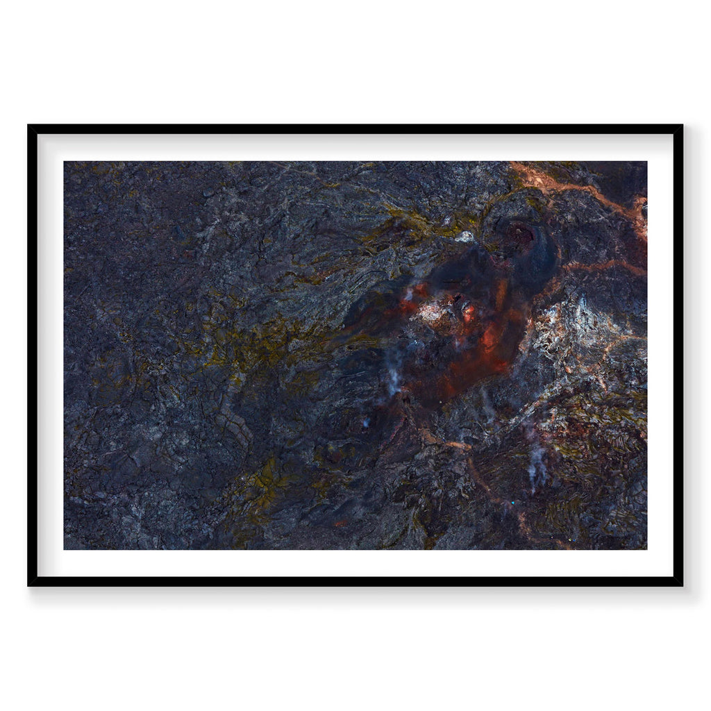 Aerial view of volcanic lava flows and geothermal steam in Iceland from above, photography print by Remy Gerega
