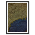 Aerial view of moss-covered Icelandic landscape with dark volcanic rock formations, photography print by Remy Gerega