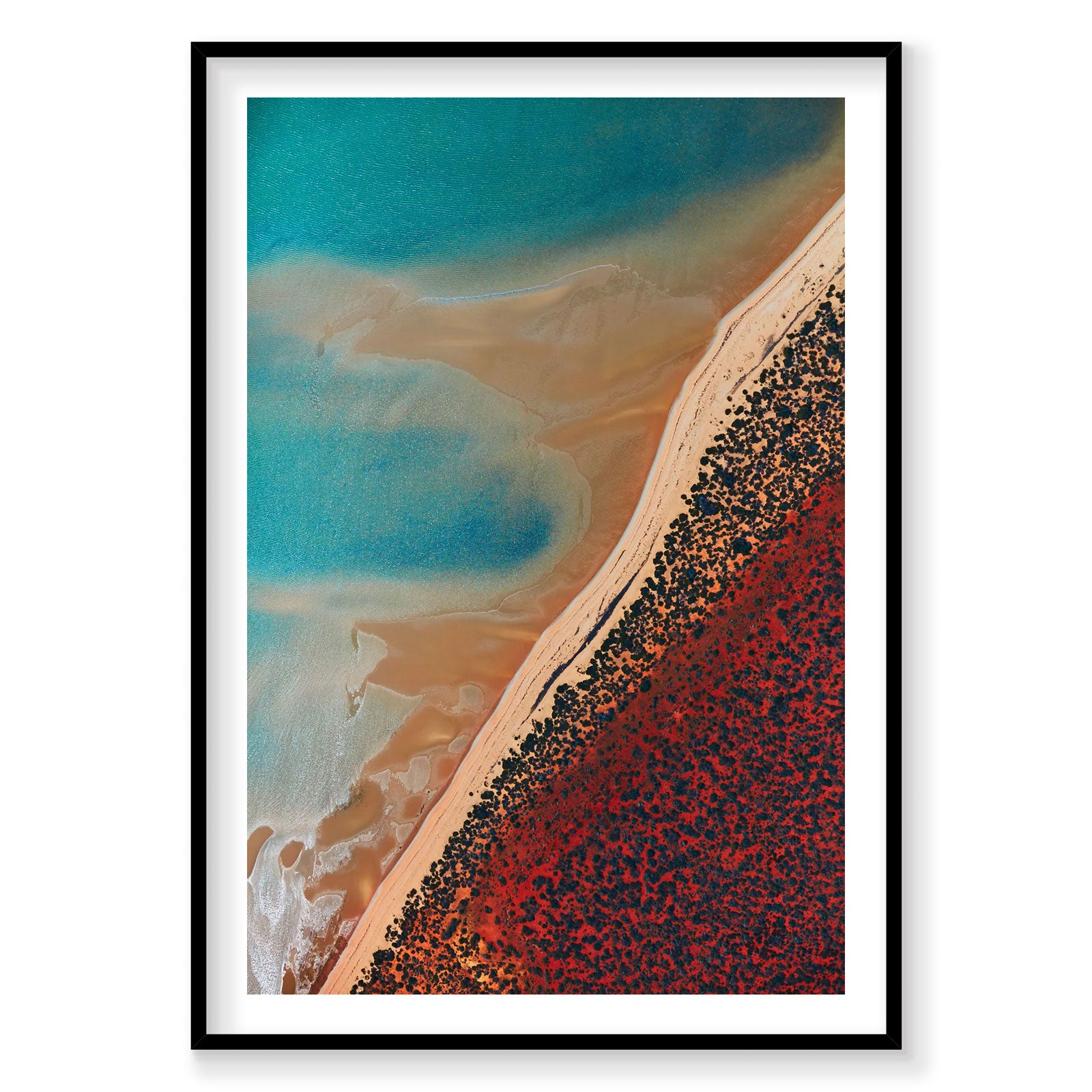 Aerial view of Shark Bay turquoise waters and red mineral-rich shore from above, photography print by Remy Gerega
