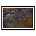Aerial view of geothermal hot springs with steaming vents and colorful mineral deposits in Iceland, photography print by R...